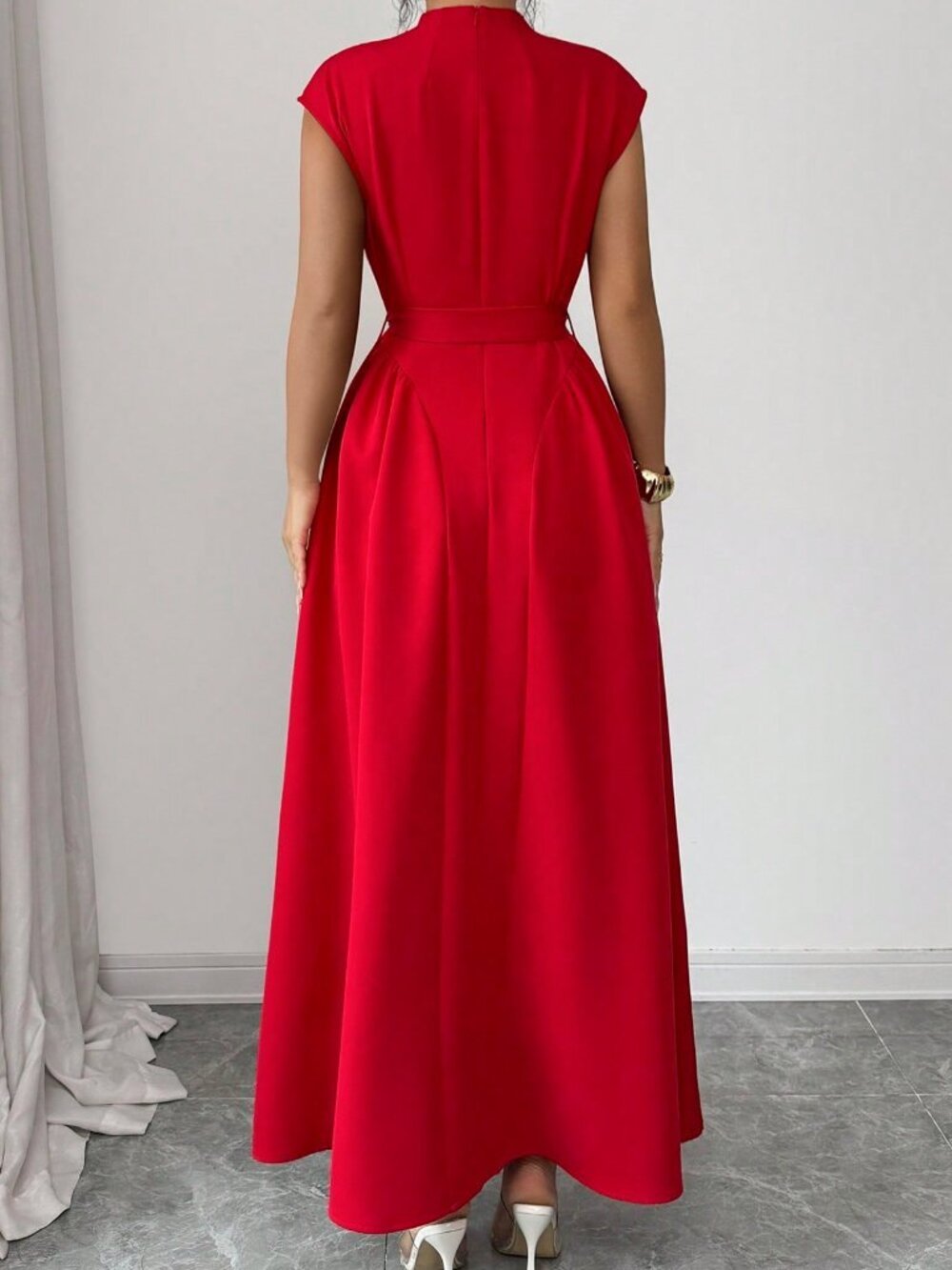Red Elegant Women's Party Midi Dress with Waist Tie Belt, Flared Hem - Picture 2 of 6